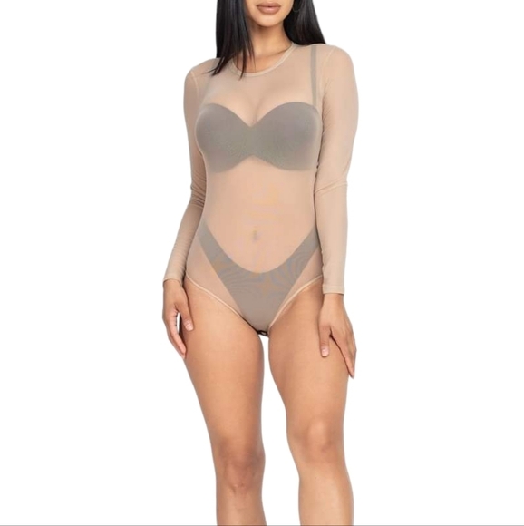 Women's Sheer Mesh Bodysuit Round Neck Long Sleeve Stretch Top - Picture 6 of 8
